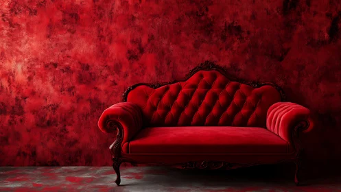 Red velvet antique sofa against textured red wall.