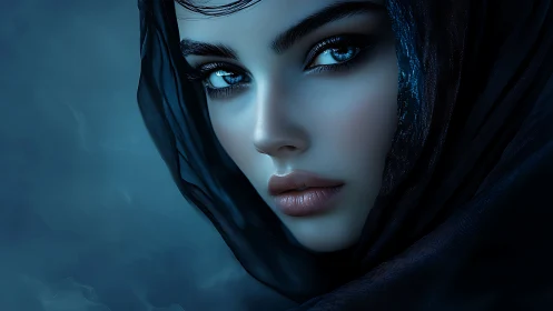 Midnight gaze wrapped in deep sapphire whispers.