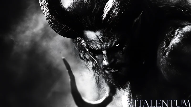 Demonic horned warrior emerges from monochrome inferno
