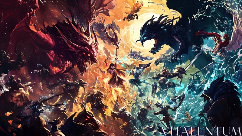 Fantasy warriors clash between fire dragon and ice beast