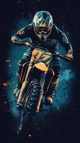 Motocross rider blasts forward amid electric spray of grit