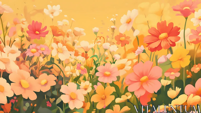 Colorful Wildflower Field Under Golden Sky.