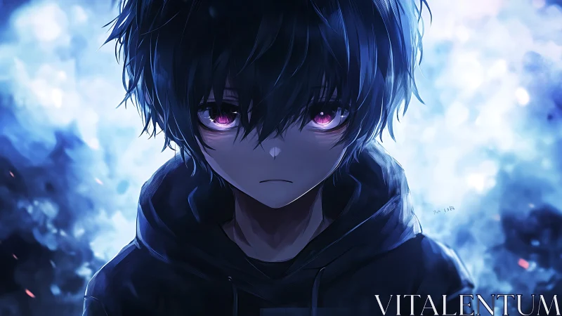 Brooding anime boy with violet eyes in blue haze.