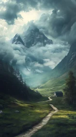 Gentle mountain path curls toward a quiet, misty summit