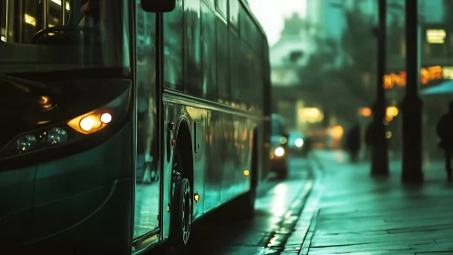 City bus stopped at wet curbside during early evening
