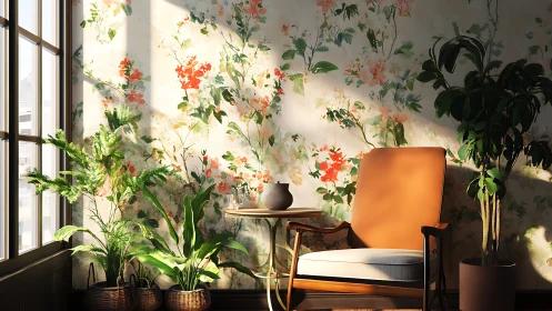 Sunlit reading corner unifying biophilic decor and floral mural
