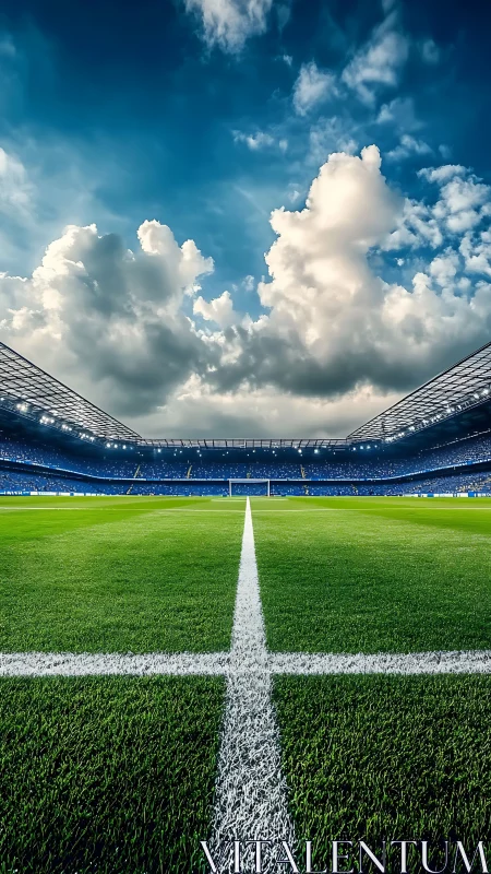 Sunlit stadium pitch ready for kickoff under bold skies.