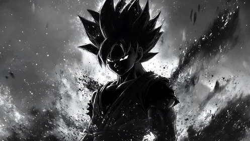 Shadow-charged anime warrior stands in a storm of power