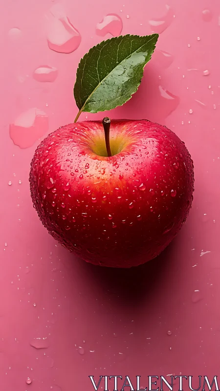Photorealistic wet apple on pink minimal studio backdrop.