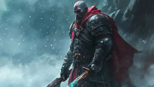 Armored warrior in blizzard with dual elemental axes stands poised