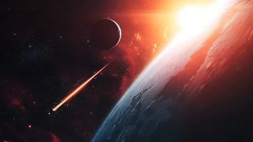 Digital painting of fiery orbital sunrise with descending meteor.