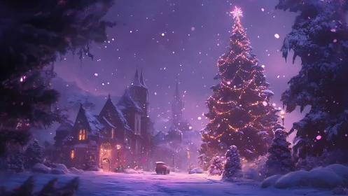 Snowy village cathedral hums beneath a glowing Christmas tree