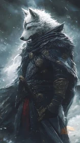 Armored white wolf warrior in blizzard, fur cloak and sword