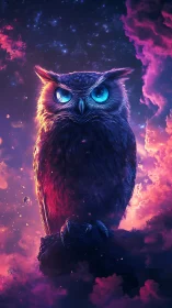 Celestial neon owl in luminous cosmic cloudscape digital painting.