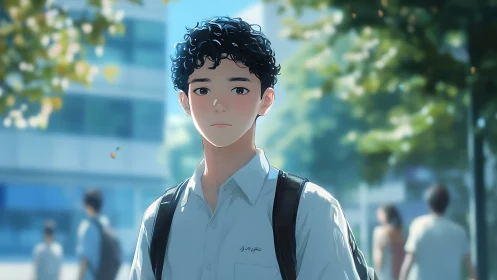 Anime schoolboy walks through soft focus city street.