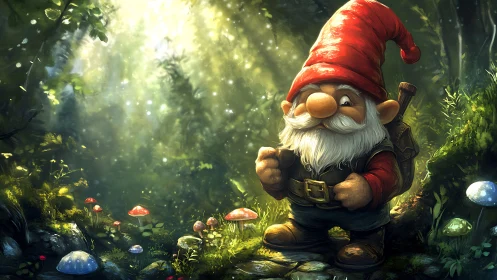 Forest gnome stands among glowing mushrooms in sunlit glade