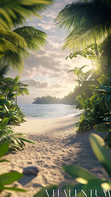 Tropical Beach Paradise Framed by Lush Palm Foliage