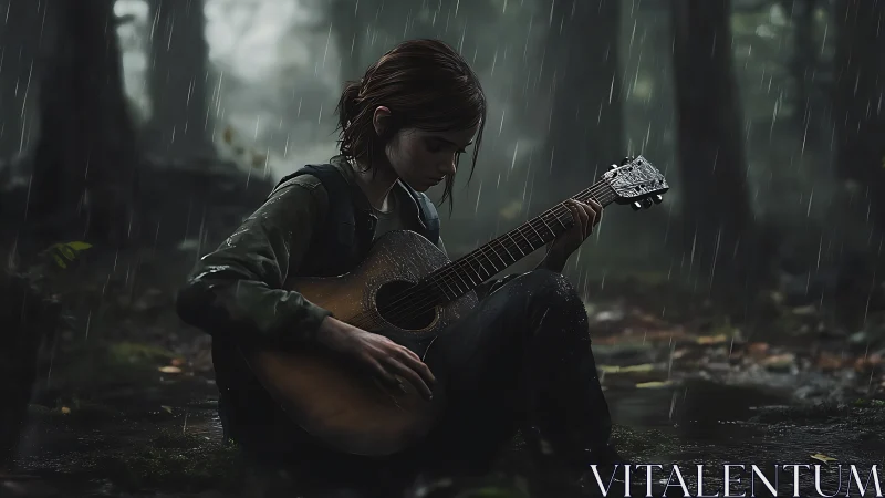 Solitary guitarist rendered in cinematic rain-soaked forest ambiance