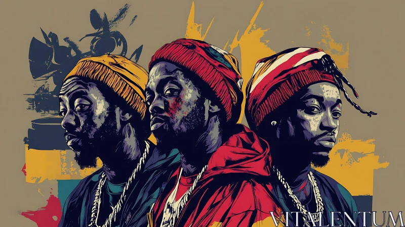 Urban hip hop trio portrait in bold graphic street style.