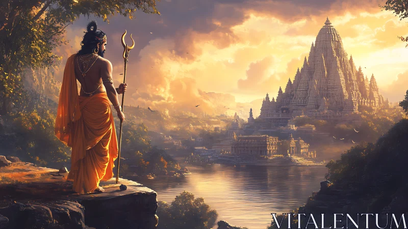 Sunlit warrior gazes across river at sacred mountain temple