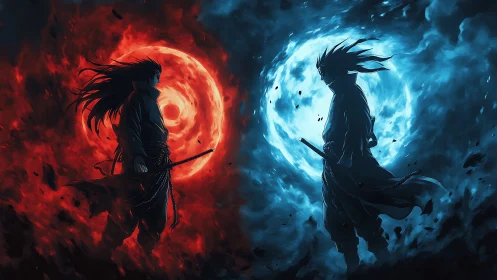Dramatic samurai duel framed by red and blue energy orbs.