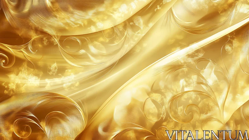 Luminous golden fluid dynamics with filigree vortex curls.