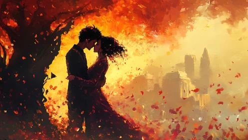 Silhouetted Romantic Couple Amid Explosive Amber Inferno Cityscape