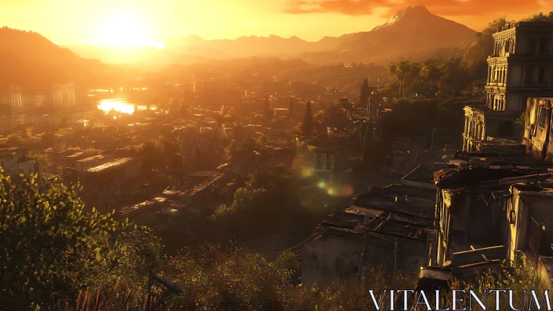 Sunlit mountain cityscape observed from elevated hillside