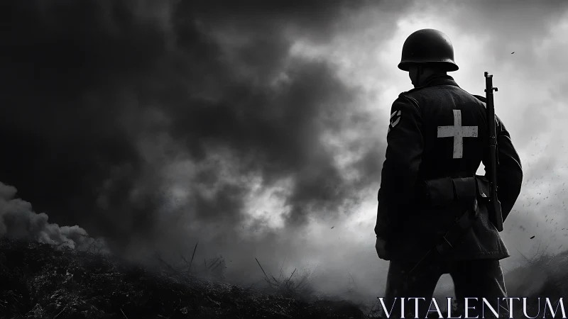 Soldier silhouette in monochrome battlefield smoke study.