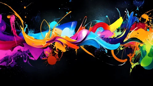 Dynamic multicolor paint splashes on dark gradient background.