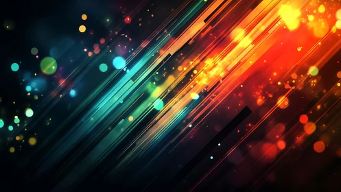 Digital painting of luminous diagonal light trails and bokeh spheres.