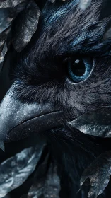 Digital close-up of corvid head with detailed blue feathers