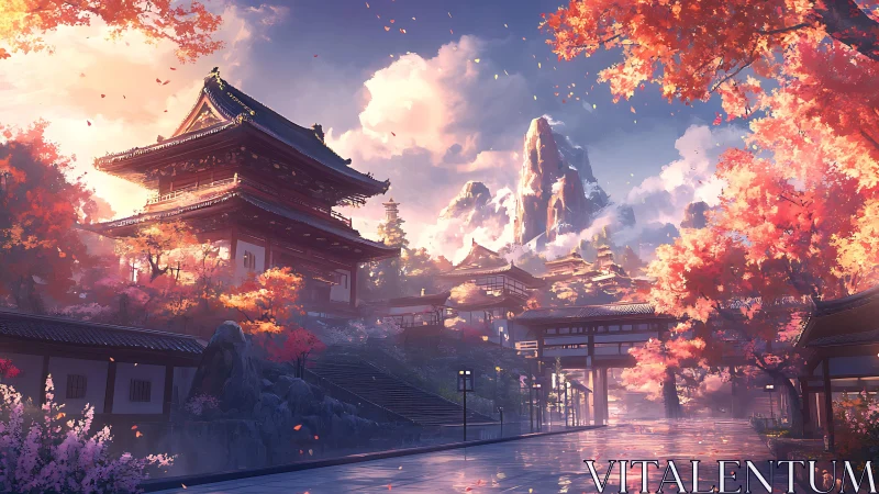 Tranquil mountain temple glows amid vivid autumn blossoms