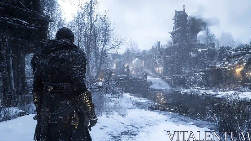 Lone warrior surveys a frozen ruined village at dusk