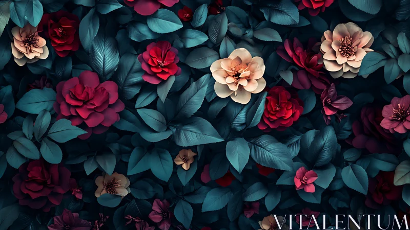 Floral arrangement with red and cream blooms among teal foliage.