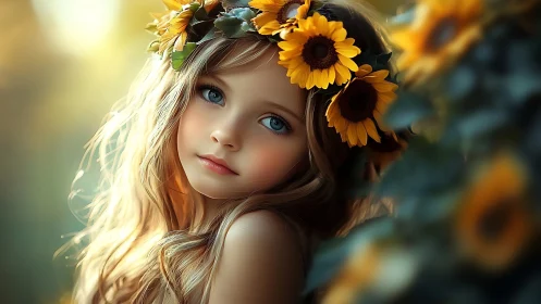 Photorealistic child portrait with golden sunflower crown.