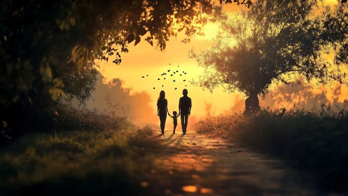 Silhouetted family walking forest path under golden sunset.