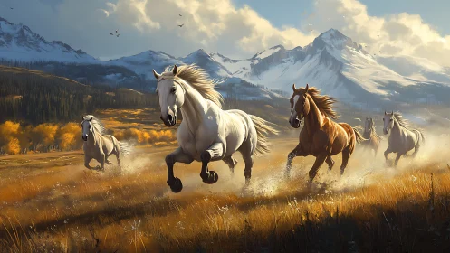 Wild horses charging across alpine valley at golden hour.