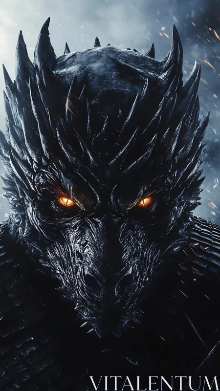 Dragon face fills frame with glowing eyes and sharp horns