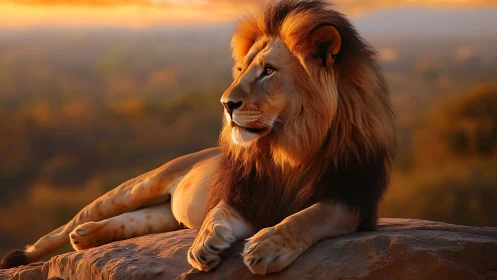 Sunlit savanna king lounging on his ember-gold throne.