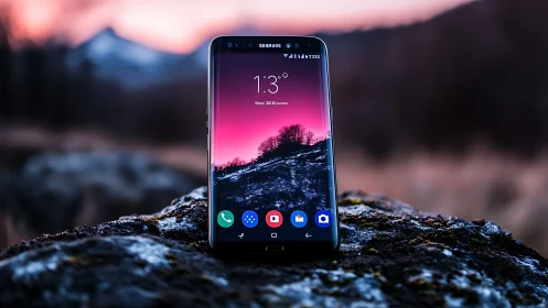 Samsung smartphone positioned on textured rock surface outdoors.