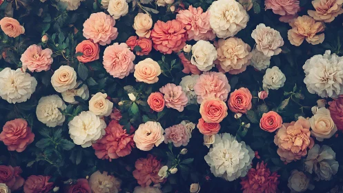 Overhead view of garden roses arranged densely on dark foliage.
