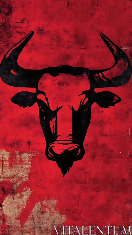 Bull head silhouette on distressed red grunge background.