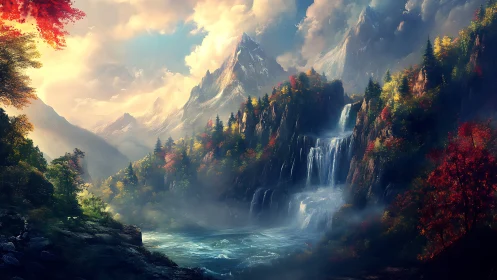 Majestic alpine waterfall amid luminous autumn mountainscape.