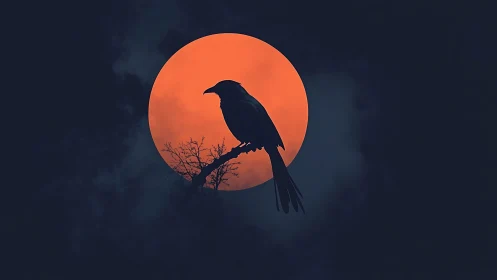 Silhouetted bird on branch against large orange moon.