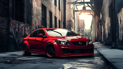 Red modified sports sedan parked in gritty city alleyway.