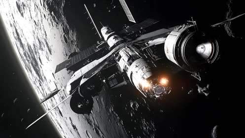Orbital research station with illuminated thrusters above moon