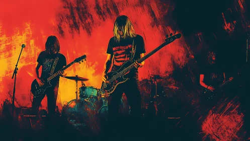 Guitars carve neon thunder as silhouettes burn through red