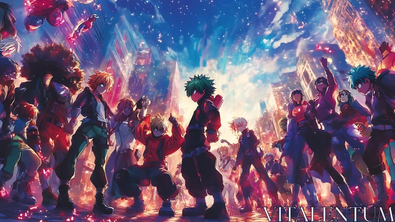 Crowd of costumed anime heroes in glowing city street.