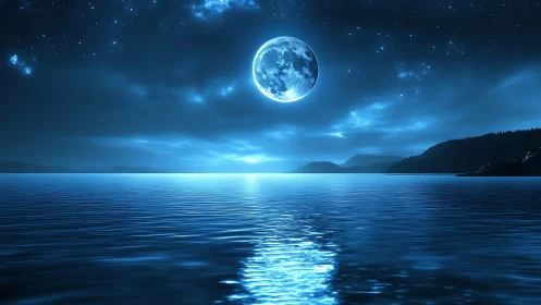 Glowing full moon bathes a calm blue sea in quiet silver light